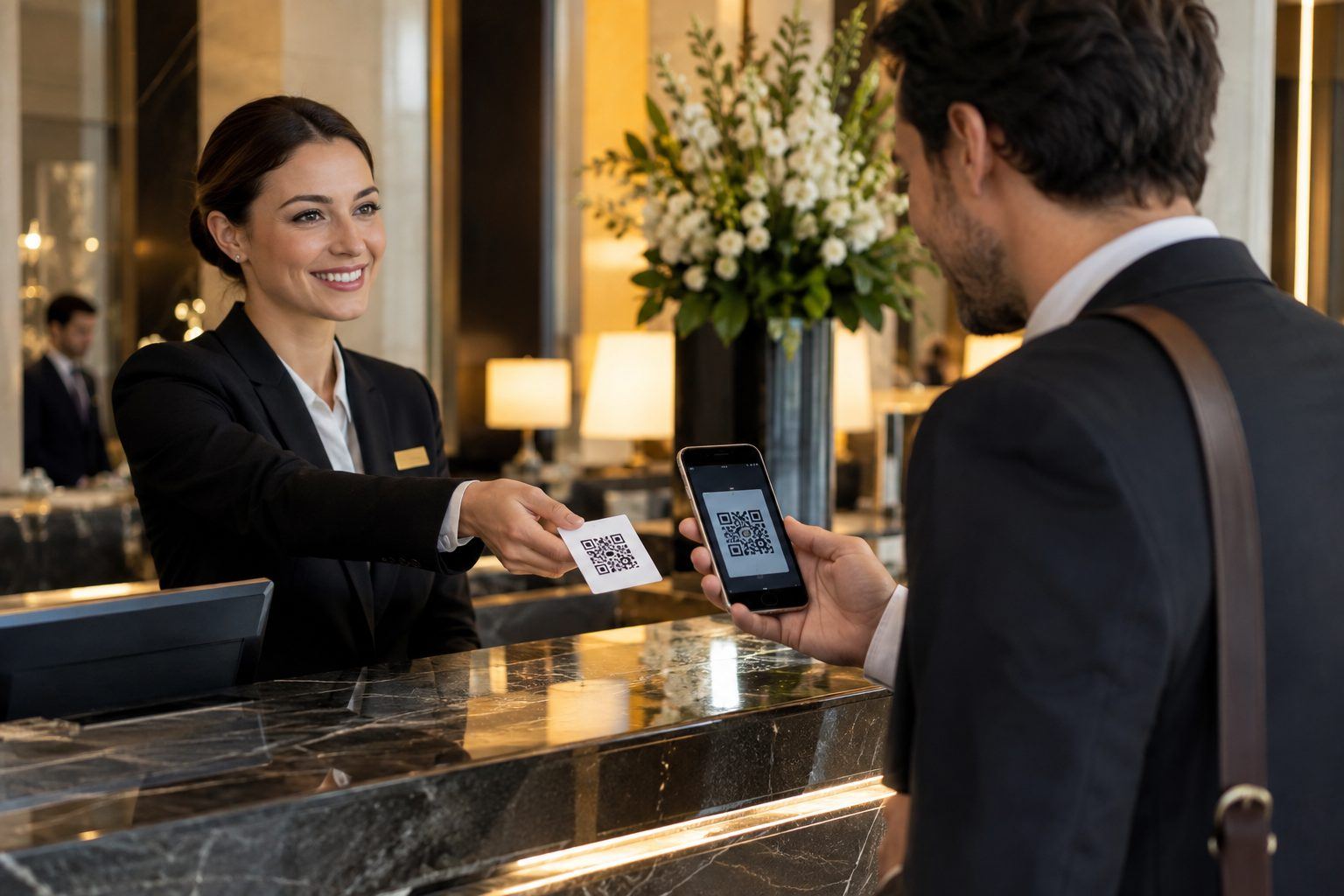 Guest scanning a Guestedly QR code at hotel check-in